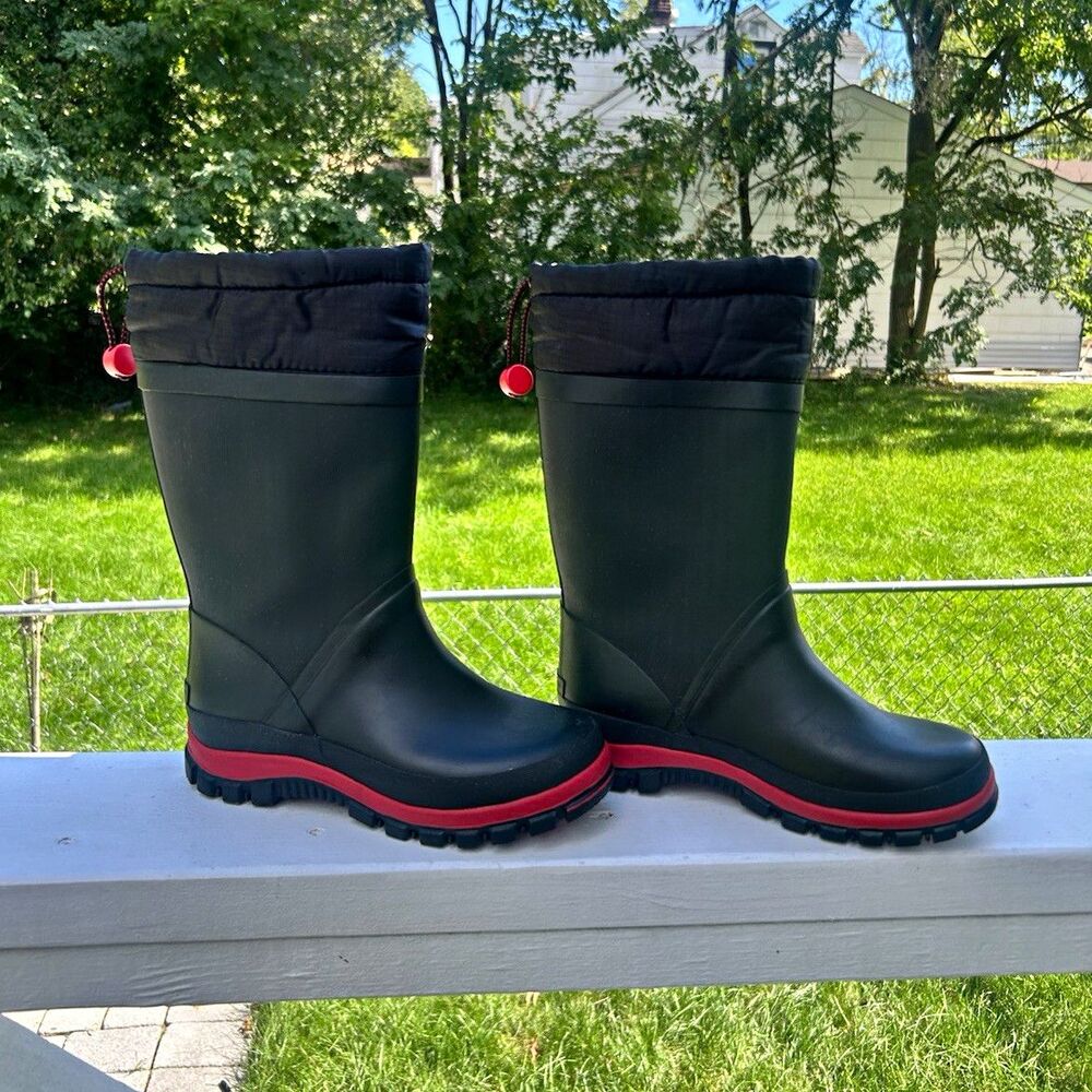 Lands' End Kids Black/Red Rubber Rain Boots Drawstring Mid-Calf US 2M
